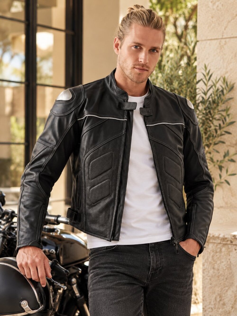 Titanium Men's Armored Cowhide Leather Motorcycle Jacket Black XL